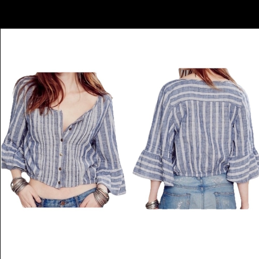 Free People Bell Sleeve Stripe Linen Blend Crop Top Womens XS Blue Boho Artsy